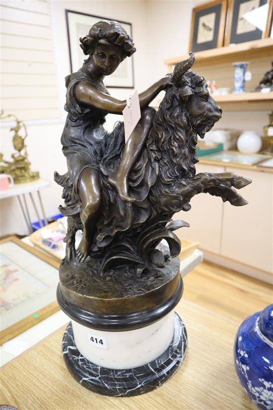 After Claudion. A bronze group of a bacchante riding a goat, on marble plinth